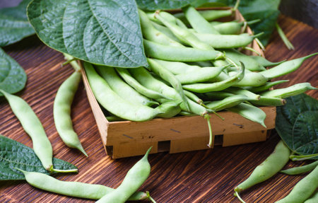 Young green beans, pods of fresh green beans on the table
