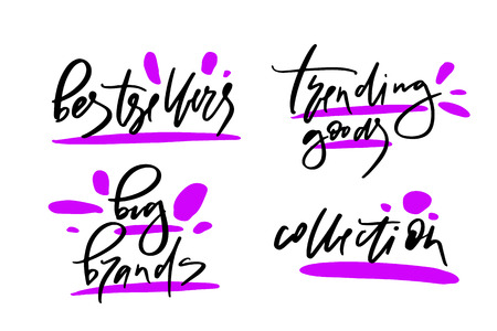 Vector illustration of lettering or calligraphy of words bestsellers big brands trending goods collection. Banner for homepage, email, print, element of design,  logotype, text for clothes shopのイラスト素材