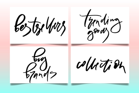 Vector illustration of lettering or calligraphy of words bestsellers big brands trending goods collection. Banner for homepage, email, print, element of design,  logotype, text for clothes shopのイラスト素材