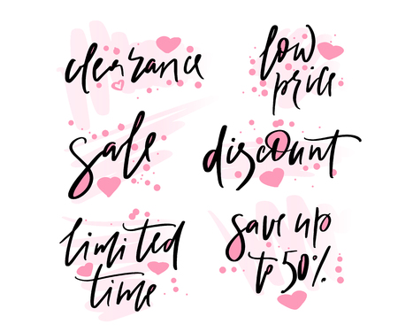 Hand drawn vector promotional design of words clearance, low price, sale, discount, limited time, save up for banner on website, clothes store. Drawn art sign. Art illustration of logotype give awayのイラスト素材