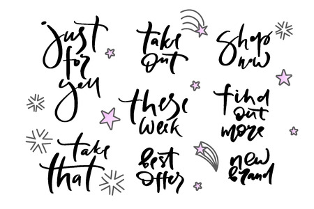 Vector illustration of lettering just for you, take that, take out, these week, best offers, shop now, find out more, new brand  poster, logotype, text for clothes shop, catalog, collection, adのイラスト素材