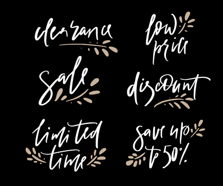 Hand drawn vector promotional design of words clearance, low price, sale, discount, limited time, save up for banner on website, clothes store. Drawn art sign. Art illustration of logotype give awayのイラスト素材
