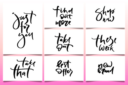 Vector illustration of lettering just for you, take that, take out, these week, best offers, shop now, find out more, new brand  poster, logotype, text for clothes shop, catalog, collection, adのイラスト素材