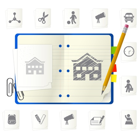 open notepad with different iconsのイラスト素材