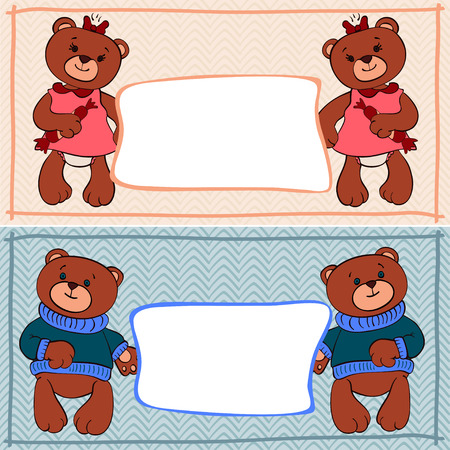banner bear boys and girls on a blue and pink backgroundのイラスト素材