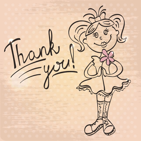 drawing girl with flower says thank you on a beige background of the textureのイラスト素材