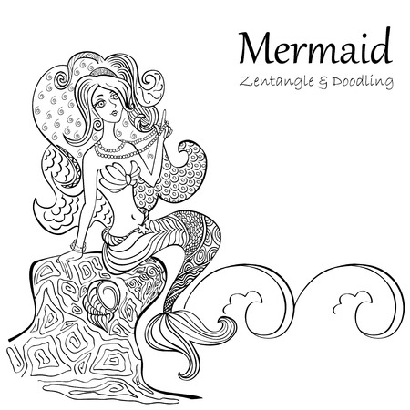 Mermaid black and white patterns isolated on white background. Hand drawn, for adult anti stress Coloring Page with high details, illustration in zentangle style. Vector monochrome sketch.のイラスト素材