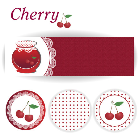 set of rectangular and three round stickers for cherry jamのイラスト素材