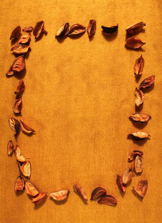 frame of orange dry petals on the background of gold fabric. vertical photo, copy spaceの写真素材