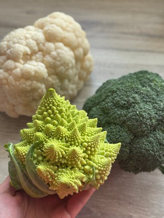 Romanesco cabbage with broccoli and cauliflower on a wooden backgroundの写真素材