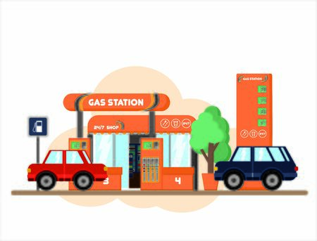 Fresh detailed gas and petrol station with cars in pretty style of vector illustrationのイラスト素材