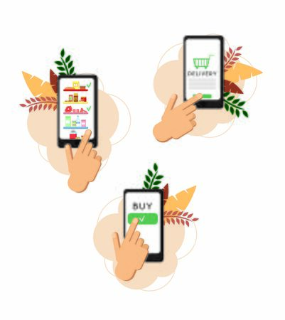 Buy online food products for supermarket and shop. Delivery to home. Vector illustrationのイラスト素材