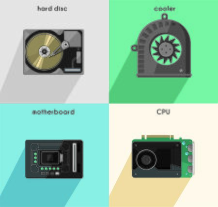 Main computer equipment. Vector illustration. CPU processor, motherboard, hard disc, cooler. Detailed flat picture.のイラスト素材