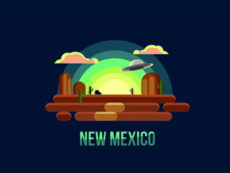 UFO New Mexico logo and landscape in flat vector illustration. Trip and road to American state. UFOs in the night skyのイラスト素材