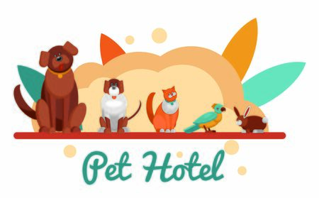 Pet hotel and pet house for pets and animals. Dog, little dog, cat, parrot and rabbit. Happy and colorful vector illustration isolated on white concept.のイラスト素材