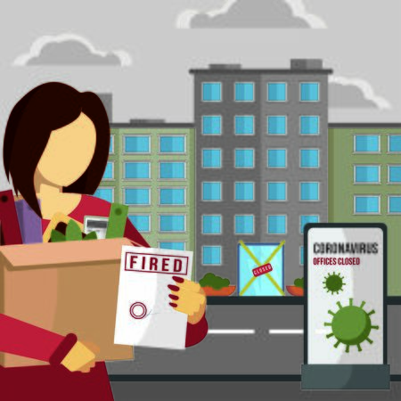 Fired and dismissed woman from job. Dismissal, layoff, severance, termination in case of coronavirus or virus COVID-19. Unemployed jobless benefit. Boss dismissed employee. Flat vector illustration.のイラスト素材