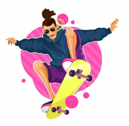 Cartoon boy flat illustration of skater doing tricks and ride on skateboard. Colored dread man on skate.のイラスト素材
