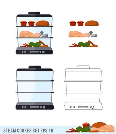 Steam cooker vector illustration isolated set. Meat, vegetables and bakery. Cook healthy food. Lines and colored picture.のイラスト素材