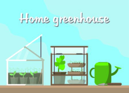 Home mini glass greenhouse for house and balcon. Flat vector illustration. Gardening and plant. Garden and seeds. Take care of green friends. Picture for web site banners and postcards.のイラスト素材