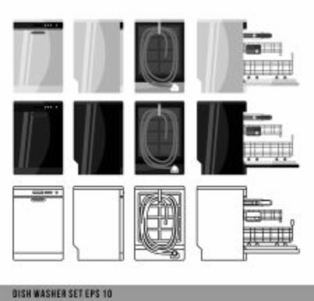 Dishwasher machine kitchen icons set. Flat illustration vector icons for web. For your design. 4 side set of colored and lined washers. Cooking tools.のイラスト素材
