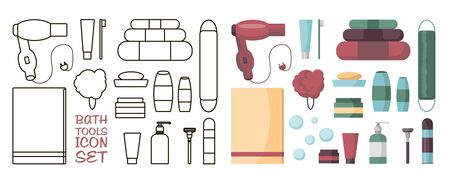 Set of Bath Accessories and Products for Beauty in flat cartoon style. Bath upplies and tools. Cleaning and skin care. Soap, shampoo, towel, hairdryer, shaving, toothpaste clean.のイラスト素材