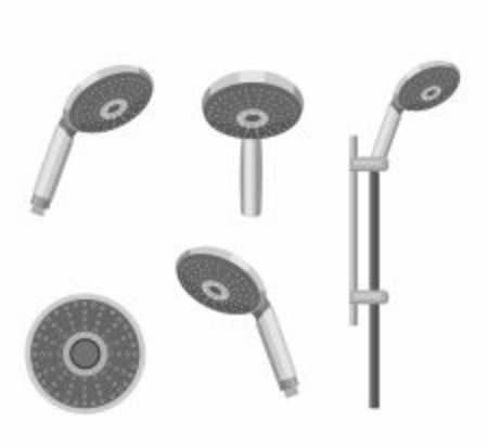 A set of realistic metal shower heads for the bathroom. Water and liquid pours from the shower heads to wash. Realistic vector illustration on a transparent background. Isolated on white.のイラスト素材