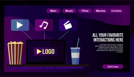 Popcorn for movie theater and online cinema reel on blue background. Eps10 vector illustration. Paper package full of jumping popcorns and film tape for cinematography.のイラスト素材