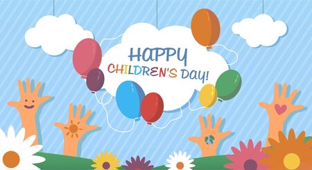 Happy childrens day. Vector cartoon illustration. Web banner template. Selebration, world children day. Colorful background. Chuldrens hands and clouds and flowers. Be happy. Child protection dayのイラスト素材