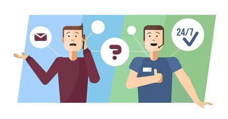 Customer service representative at computer in headset. isolated on white. Cartoon phone operator. Support center. Customer support service. Technical support. Online help. For web and app templateのイラスト素材