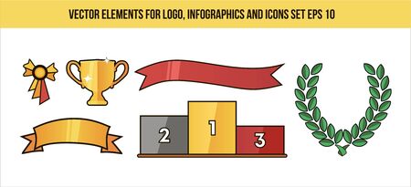 Colored logo elements for champion league, esports logotype. Cyber sport championship vector set of logos. Sport. Elements for icons, infographics and web template. Cup, pedestal, Laurel wreath,ribbonのイラスト素材