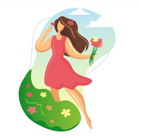 Happy Earth Day Vector template with woman and bouquet of flowers. Banner templates, poster, greeting cards. Summer flowers and happy free woman on the field. Happiness, freedom, sky. Illustrationのイラスト素材