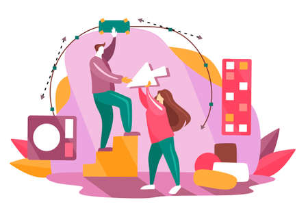 Concept vector of the coworking center. Business meeting. Shared working environment. People drawing and working at the computers in the open space office. Flat design style. Man and woman at businessのイラスト素材