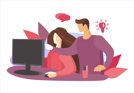 Concept of the coworking center. Business meeting. Shared working process environment. People talking and working at the computers in the open space office.Flat design style. Man and woman at businessのイラスト素材