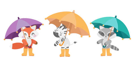 animal kids set with colored umbrellas on the white backgroundのイラスト素材