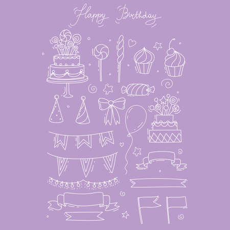 happy birthday set doodles letteringのイラスト素材