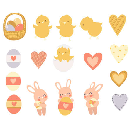chicken and bunnys with basket set on the white backgroundのイラスト素材