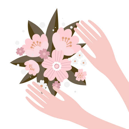 hands with flowers on the white backgroundのイラスト素材