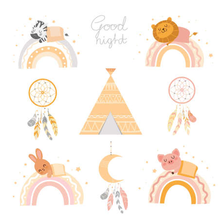good night animal kids set with dream catchers on the white backgroundのイラスト素材