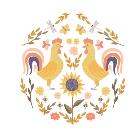 rooster decorative composition in circleのイラスト素材