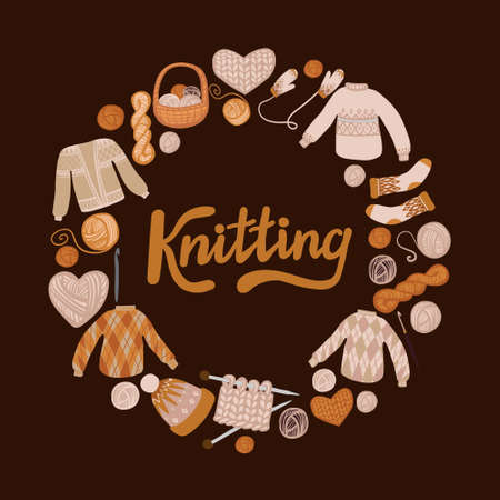 knitted things in round frame with wool and lettering on the brown background
