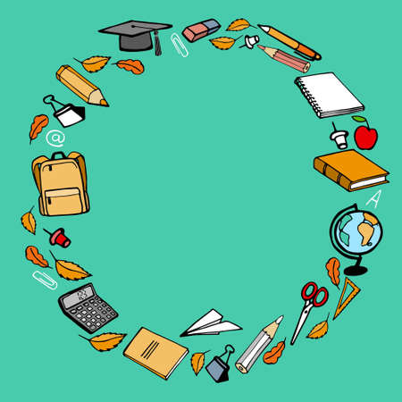 Round frame from school supplies on the colored backgroundのイラスト素材