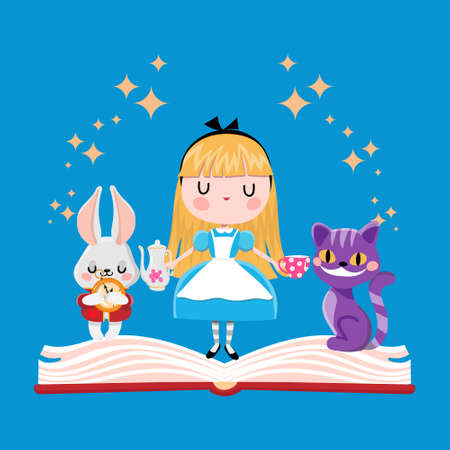 Alice in Wonderland cat and white rabbit in the opened bookのイラスト素材