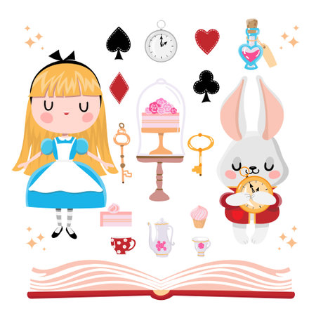 Alice in Wonderland story set on the white backgroundのイラスト素材