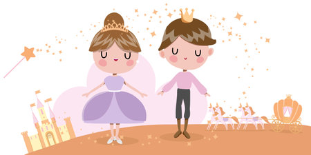 prince and princess with castle and magic wandのイラスト素材