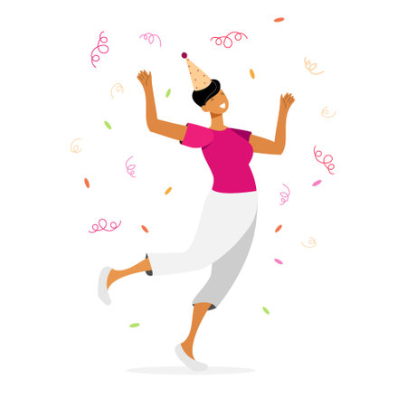 happy girl in birthday hat witn confetti on the white backgroundのイラスト素材