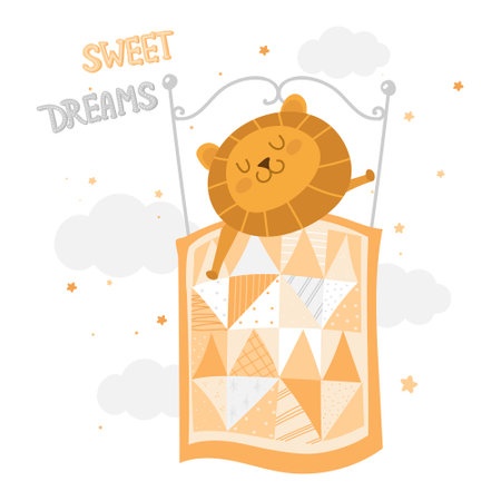 sleeping lion in bed with lettering on the white backgroundのイラスト素材