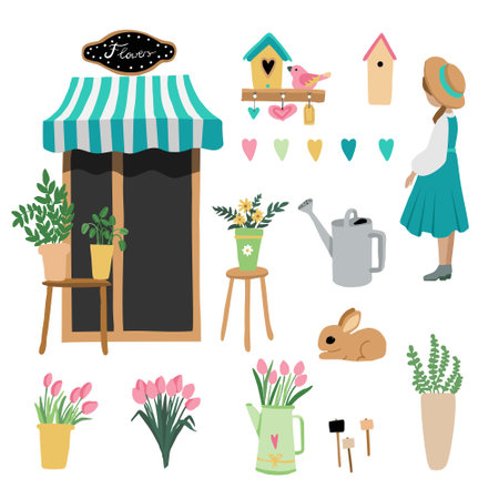 spring set with flowers girl and bunny on the white backgroundのイラスト素材