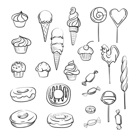 hand drawn candy and ice cream set contour on the white backgroundのイラスト素材