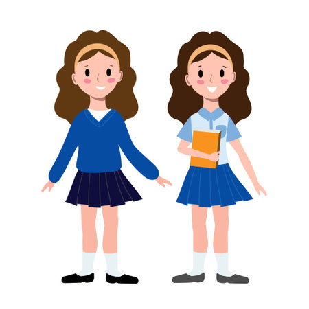 two little girls in school uniform on the white backgroundのイラスト素材
