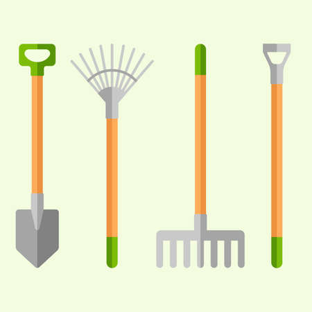 Gardening tools set. Shovel, rake and hoe flat vector illustrations.のイラスト素材